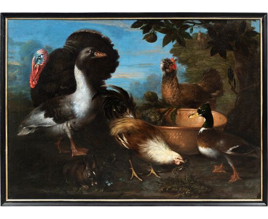 Maestro fiammingo (XVII sec.) - Natura viva con tacchino, anatre, gallo e coniglio.