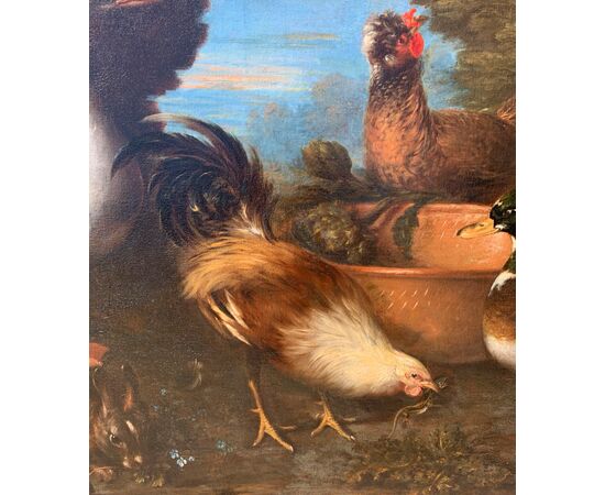 Maestro fiammingo (XVII sec.) - Natura viva con tacchino, anatre, gallo e coniglio.