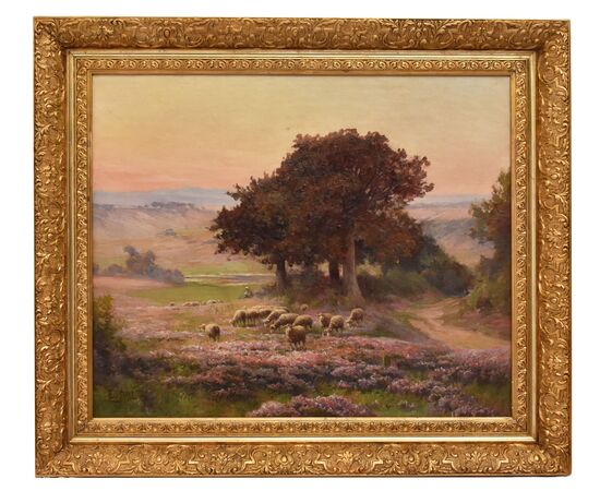 ANTIQUE PAINTINGS WITH LANDSCAPES WITH FLOCK, ÉDOUARD PAIL, OIL ON CANVAS, LATE 19TH CENTURY. (QP693)