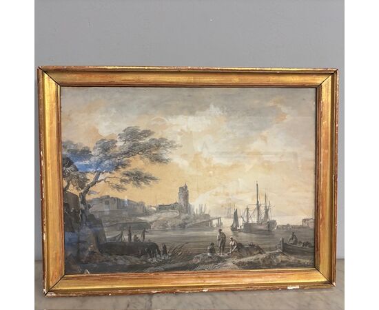 Antique 18th-century grisaille painting on paper, marine port scene. Gilded frame. Size 67 x 51 cm.