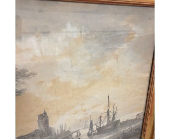 Antique 18th-century grisaille painting on paper, marine port scene. Gilded frame. Size 67 x 51 cm.