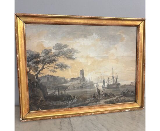 Antique 18th-century grisaille painting on paper, marine port scene. Gilded frame. Size 67 x 51 cm.