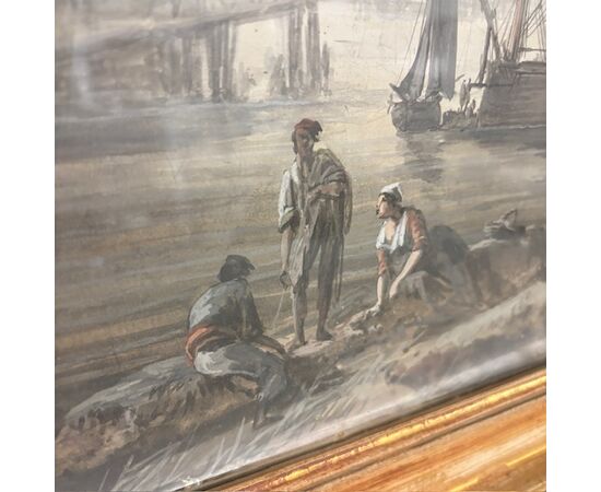 Antique 18th-century grisaille painting on paper, marine port scene. Gilded frame. Size 67 x 51 cm.