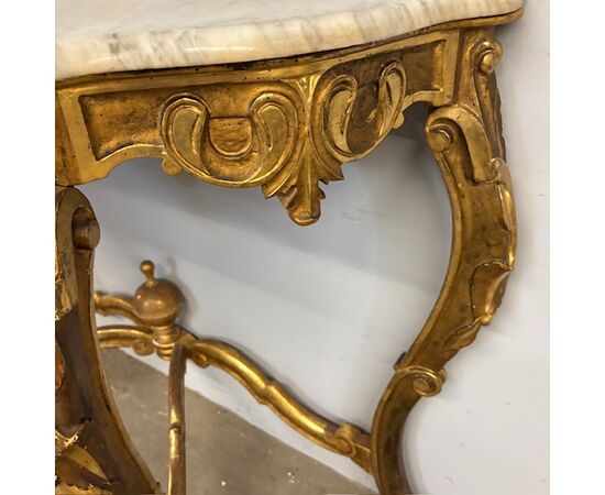 Antique monumental console + mirror Louis Philippe 1840 Gold leaf Roman area. Dimensions h 297