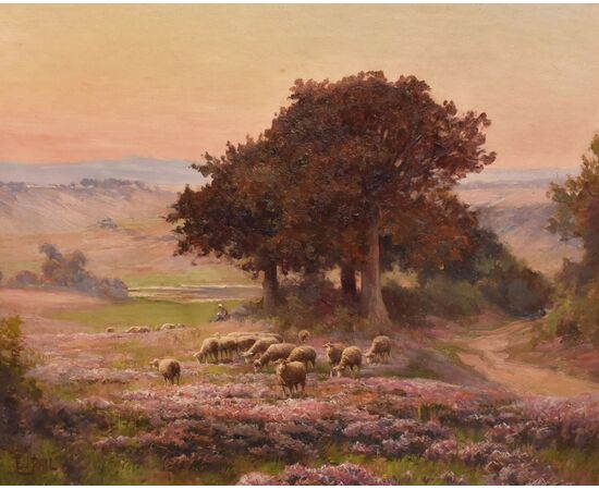 ANTIQUE PAINTINGS WITH LANDSCAPES WITH FLOCK, ÉDOUARD PAIL, OIL ON CANVAS, LATE 19TH CENTURY. (QP693)