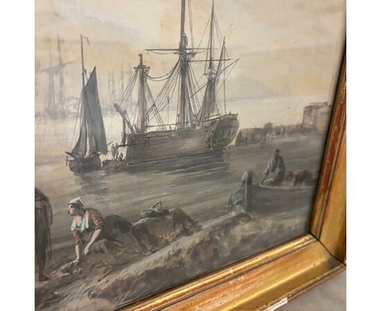 Antique 18th-century grisaille painting on paper, marine port scene. Gilded frame. Size 67 x 51 cm.