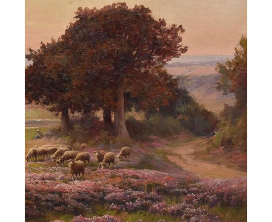 ANTIQUE PAINTINGS WITH LANDSCAPES WITH FLOCK, ÉDOUARD PAIL, OIL ON CANVAS, LATE 19TH CENTURY. (QP693)