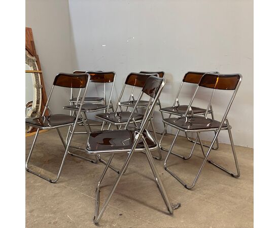 Set of 6 foldable design chairs from the 70s. Metal and smoked plexiglass. Vintage.