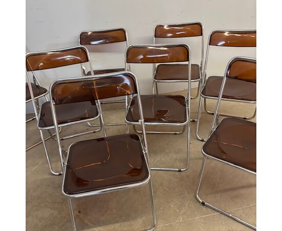 Set of 6 foldable design chairs from the 70s. Metal and smoked plexiglass. Vintage.