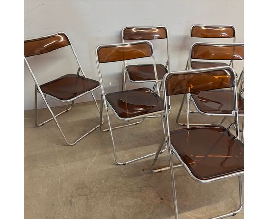 Set of 6 foldable design chairs from the 70s. Metal and smoked plexiglass. Vintage.