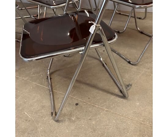 Set of 6 foldable design chairs from the 70s. Metal and smoked plexiglass. Vintage.