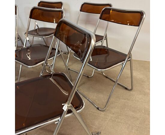 Set of 6 foldable design chairs from the 70s. Metal and smoked plexiglass. Vintage.