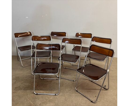 Set of 6 foldable design chairs from the 70s. Metal and smoked plexiglass. Vintage.