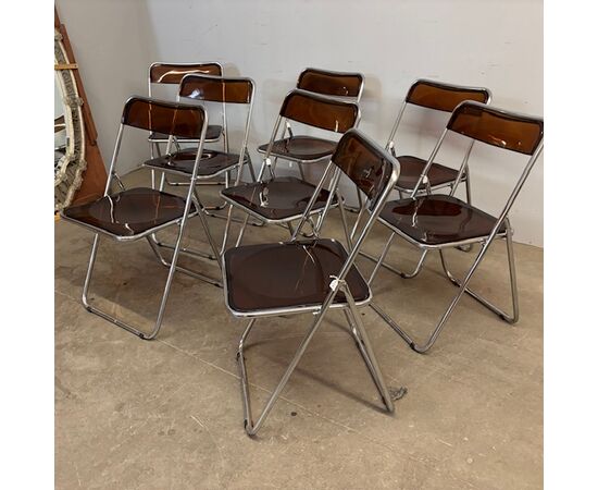 Set of 6 foldable design chairs from the 70s. Metal and smoked plexiglass. Vintage.