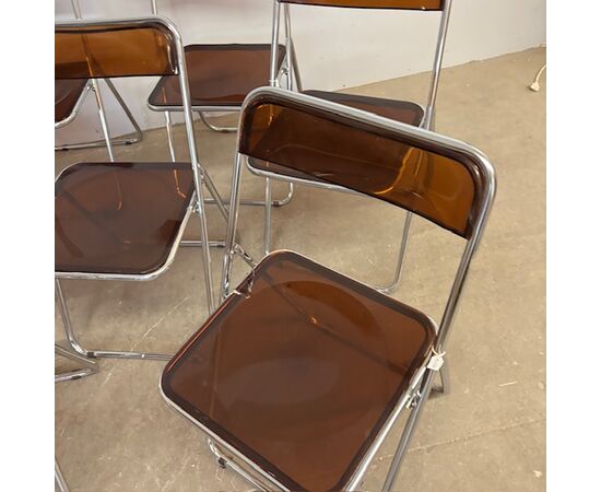 Set of 6 foldable design chairs from the 70s. Metal and smoked plexiglass. Vintage.