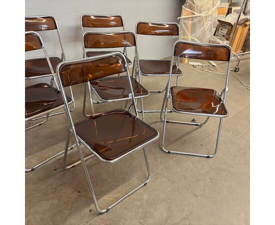 Set of 6 foldable design chairs from the 70s. Metal and smoked plexiglass. Vintage.