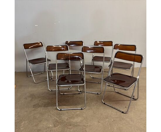 Set of 6 foldable design chairs from the 70s. Metal and smoked plexiglass. Vintage.