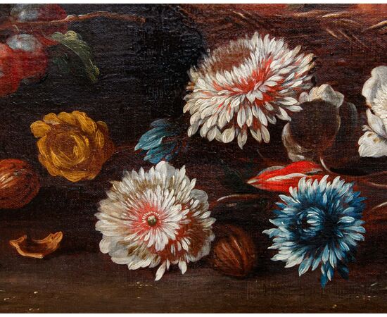 Still life with figs, peaches, grapes and flowers