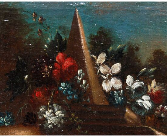 Still life with flowers, pottery and architecture in the background