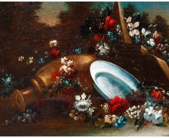 Still life with flowers, pottery and architecture in the background