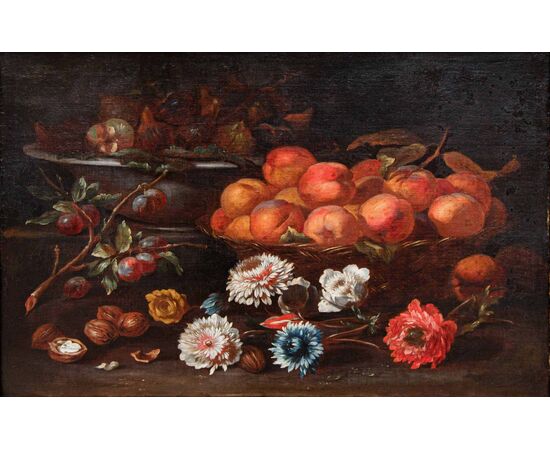 Still life with figs, peaches, grapes and flowers