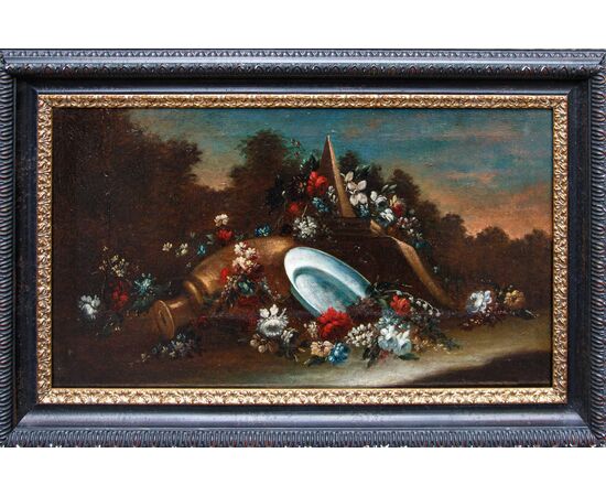 Still life with flowers, pottery and architecture in the background