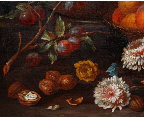 Still life with figs, peaches, grapes and flowers
