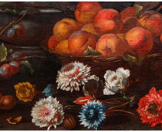 Still life with figs, peaches, grapes and flowers