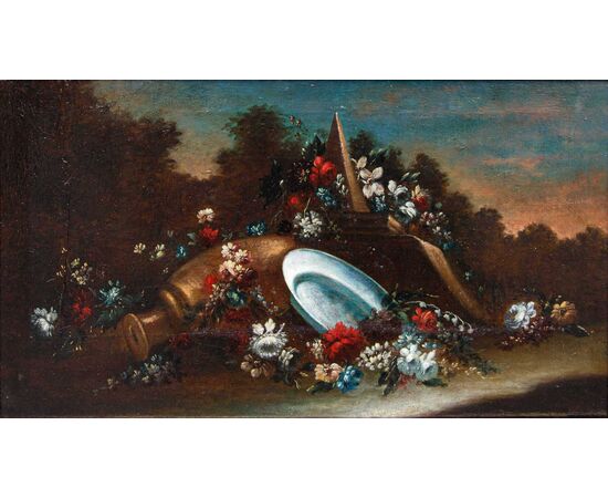 Still life with flowers, pottery and architecture in the background