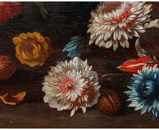 Still life with figs, peaches, grapes and flowers