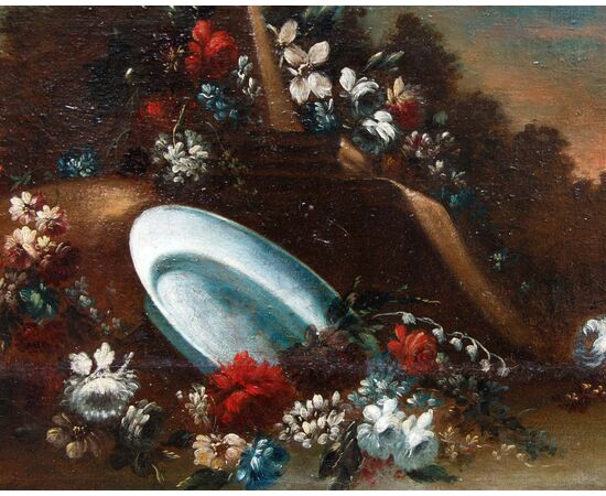 Still life with flowers, pottery and architecture in the background