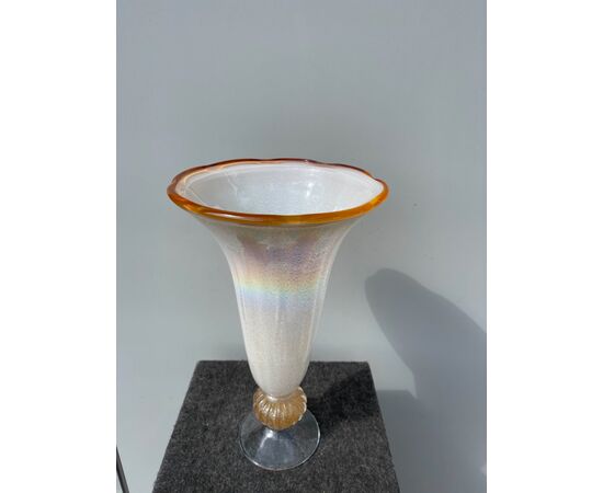 Trumpet vase in coated glass with inclusions of metallic powders and iridescent effect.Murano     
