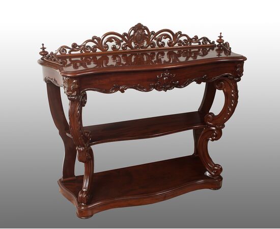 Antique Louis Philippe French console in mahogany feather with central drawer.19th century period.     