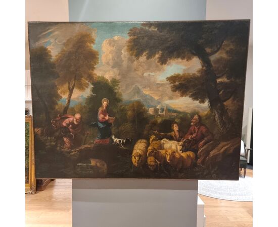 Olio su tela fine 600 Fuga d’Egitto di Philipp Peter Roos 1657-1706