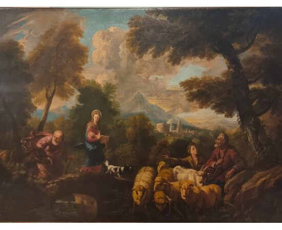 Olio su tela fine 600 Fuga d’Egitto di Philipp Peter Roos 1657-1706
