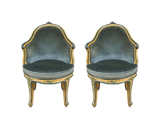 Pair of swivel armchairs in lacquered and painted wood. Venice, 18th century.