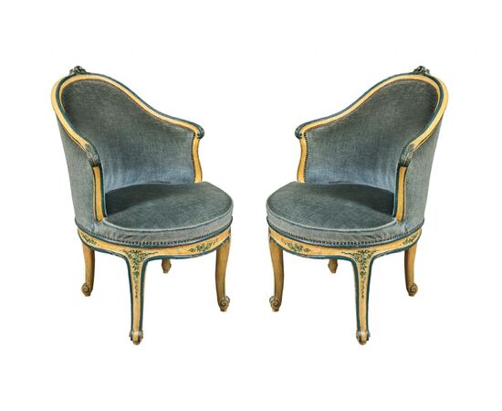 Pair of swivel armchairs in lacquered and painted wood. Venice, 18th century.