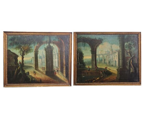 COPPIA DI CAPRICCI ARCHITETTONICI - XVIII SEC- GIOVANNI DOMENICO GAMBONE (AMBITO DI)