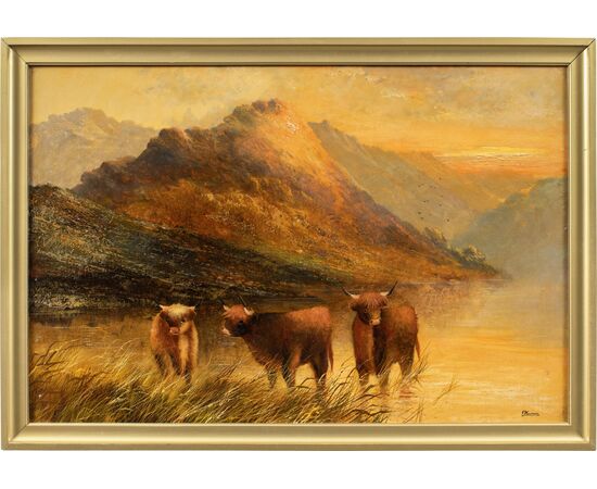 Frank Walters (British, fine XIX sec.) - Bestiame delle Highlands al lago.
