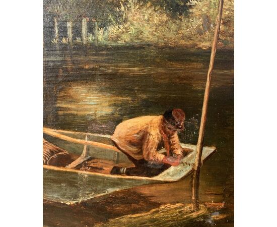 English painter (late 19th century) - River landscape with boat.