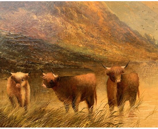 Frank Walters (British, fine XIX sec.) - Bestiame delle Highlands al lago.