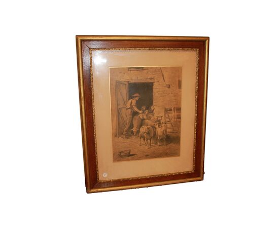 Pastello Francese del 1800 Raffigurante Scena Di Vita campestre Pastore con Gregge