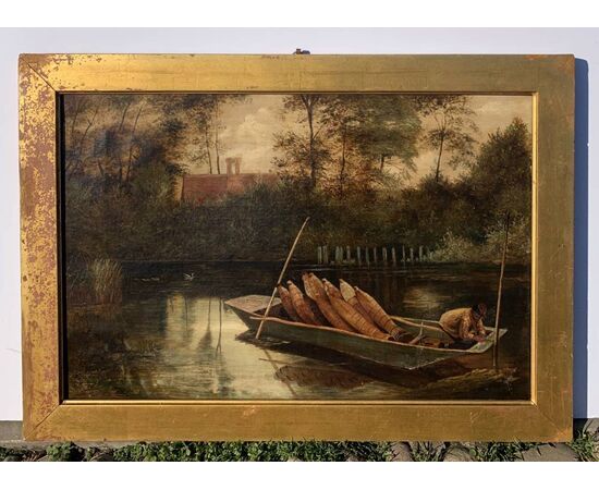 English painter (late 19th century) - River landscape with boat.
