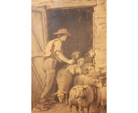 Pastello Francese del 1800 Raffigurante Scena Di Vita campestre Pastore con Gregge