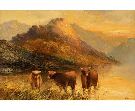 Frank Walters (British, fine XIX sec.) - Bestiame delle Highlands al lago.