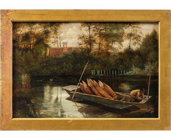 English painter (late 19th century) - River landscape with boat.