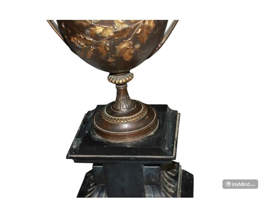 Pair of bronze-type metal vases with marble base, late 1800s