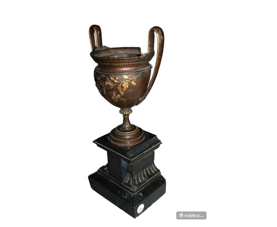 Pair of bronze-type metal vases with marble base, late 1800s