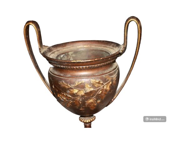 Pair of bronze-type metal vases with marble base, late 1800s