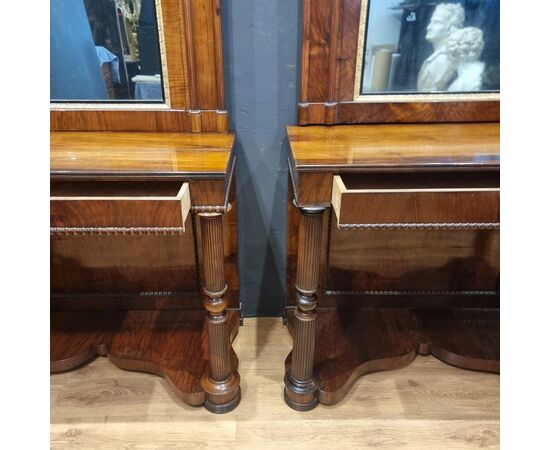 Pair of walnut consoles Carlo X 1820 with mirrors